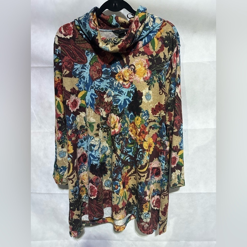 Ali Miles Womens XL Colorful Floral Cowl Neck Shirt Art 3/4 Sleeve Pullover Top